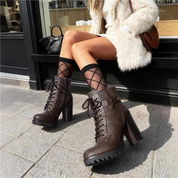 Womens Lace Up Ankle Boots High Chunky Heel Heeled Booties Fashion Vegan Shoes - Picture 3 of 7